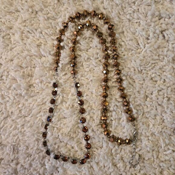 NWOT Bronze Faceted Bead + Amber Rhinestone Necklace Long - Picture 2 of 7